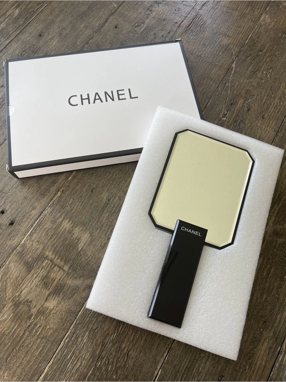 CHANEL Black Handheld Mirror with logo